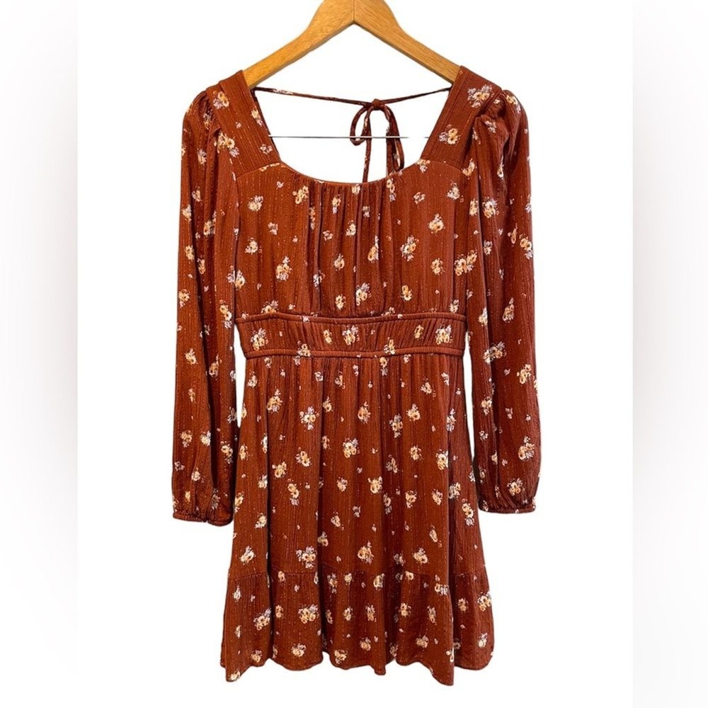Altar'd State Floral Print Mini Dress Long Sleeve Brown Cottagecore Small